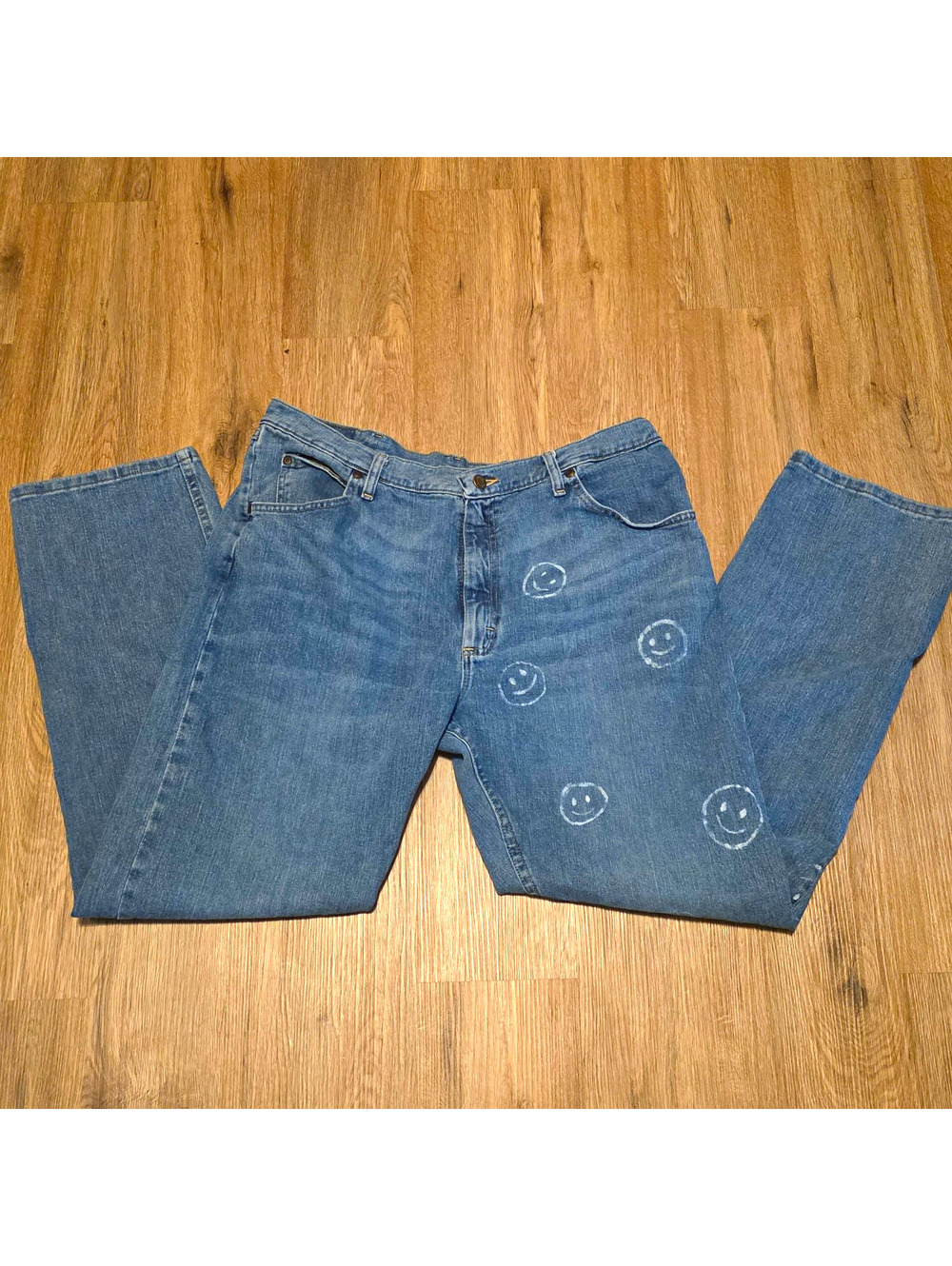 Vintage Wrangler 38x32 Jeans Custom Bleach Smiley Face Y2K Straight Leg